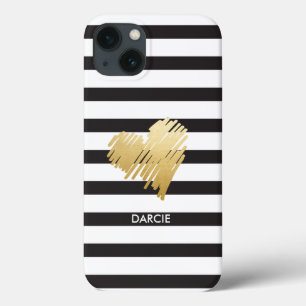 Faux Gold Heart Black White Striped Personalised iPhone 13 Case