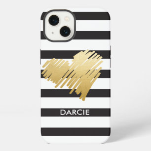 Faux Gold Heart Black White Striped Personalised iPhone 13 Case