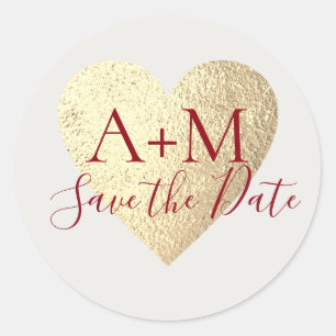 faux gold heart + bride groom monogram save date  classic round sticker