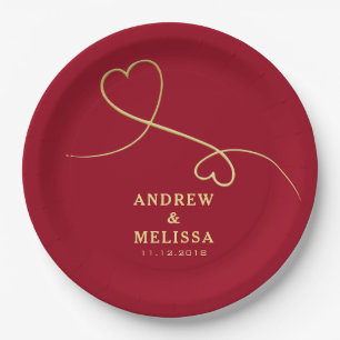 Faux Gold Heart Ornament  Personalised Red Wedding Paper Plate
