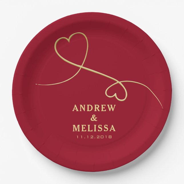 Faux Gold Heart Ornament  Personalised Red Wedding Paper Plate (Front)