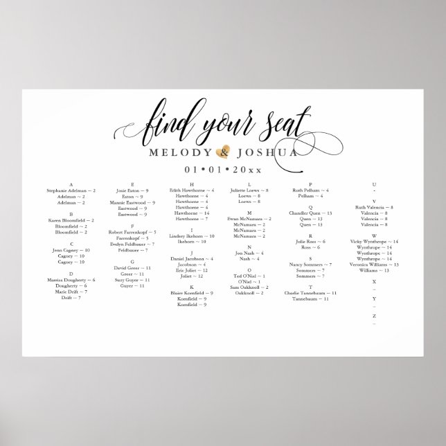FAUX GOLD HEART SEATING CHART, ALPHABETICAL POSTER (Front)