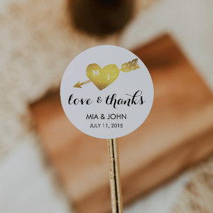 Faux Gold Heart Thank You Monogram Wedding Favour Classic Round Sticker