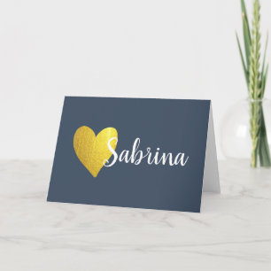 Faux Gold Heart with Cursive Name on Navy Note Card