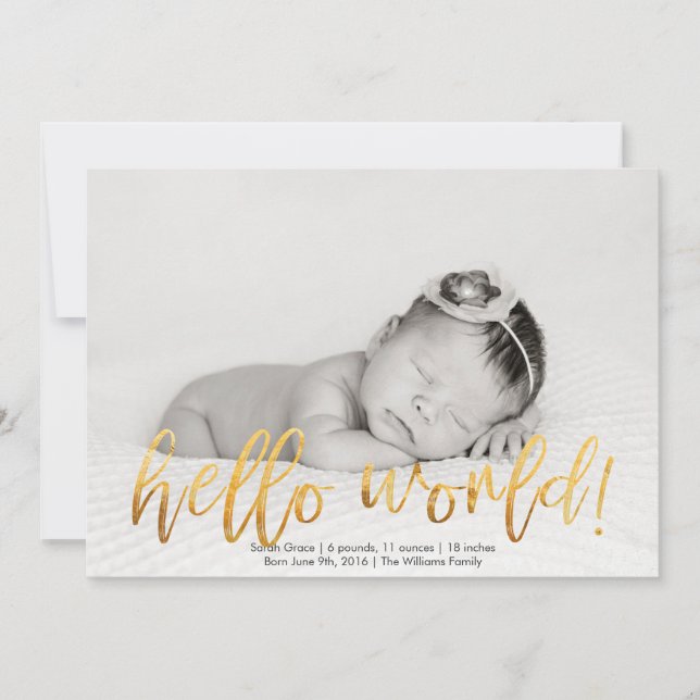 Faux Gold Hello World Photo Birth Announcement (Front)
