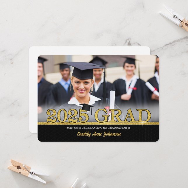 Faux Gold HORZ Photo 2025 Graduation Party Invitation (Front/Back In Situ)