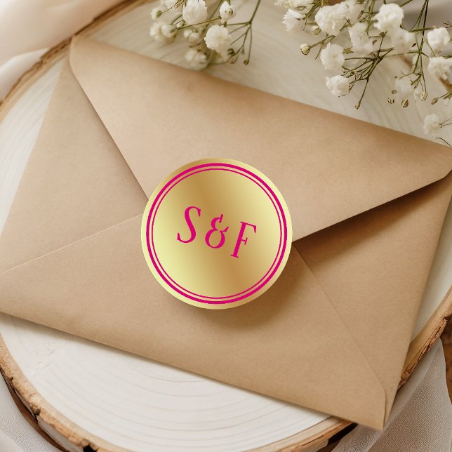 Faux Gold Hot Pink Wedding Monogram Envelope Seal (Creator Uploaded)
