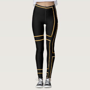 Faux Gold Illustrated Rectangular Stylish Black Leggings