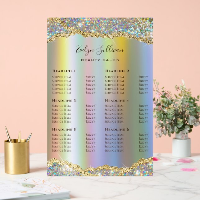 Faux Gold Iridescent Glitter Foil Price List Acrylic Sign (Wedding)