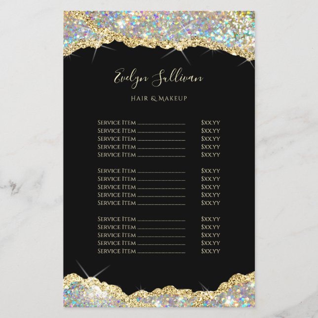 Faux gold iridescent glitter price list flyer (Front)