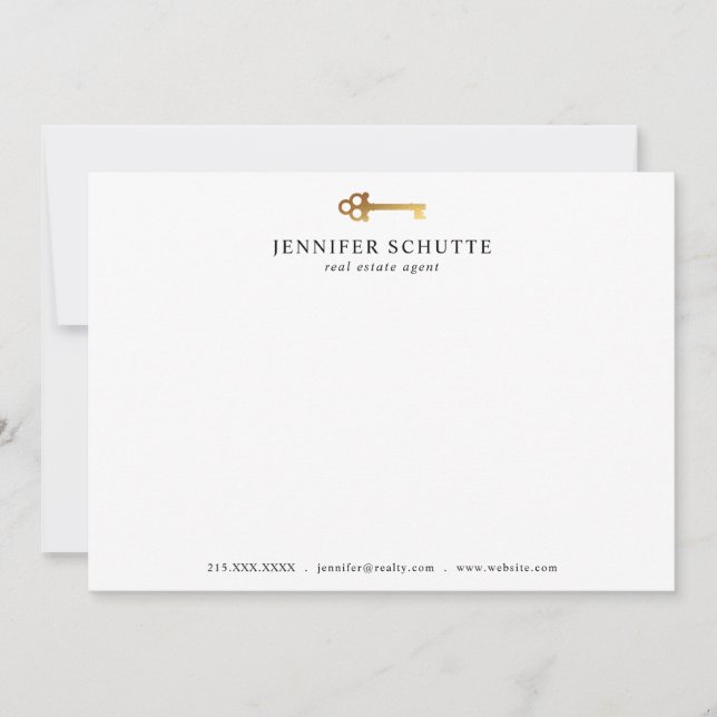 Faux Gold Key Personalised Chic Realtor Stationery Card (Front)