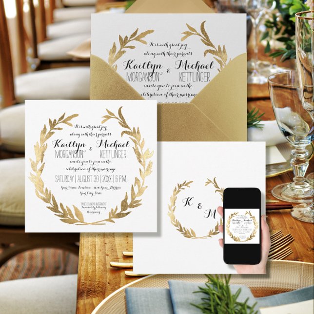 Faux Gold Laurel Wreath Olive Leaf Branch Square Invitation (Creator Uploaded)