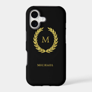 Faux Gold Laurel Wreath with Monogram on Black