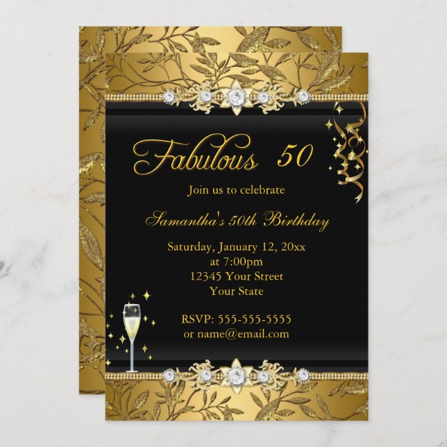 Faux Gold Leaf 50 Fabulous Birthday party Black Invitation (Front/Back)