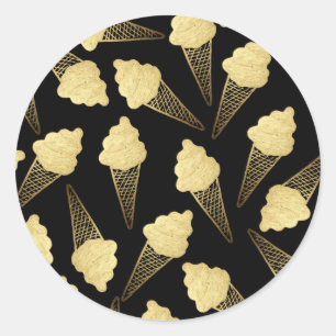 Faux Gold Leaf  Ice Cream Cones on Black Classic Round Sticker