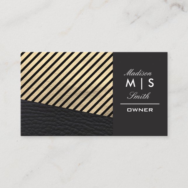 Faux Gold Leather and Black Leather Trim Stripes Business Card (Front)
