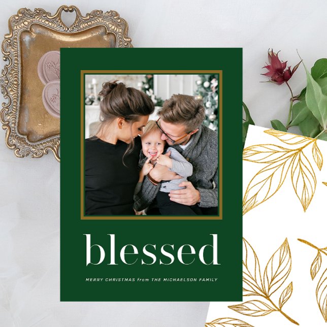 Faux Gold Leaves Blessed with Photo Green Holiday Invitation (Creator Uploaded)