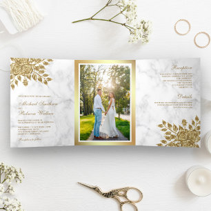Faux Gold Leaves Floral White Marble Wedding Tri-Fold Invitation