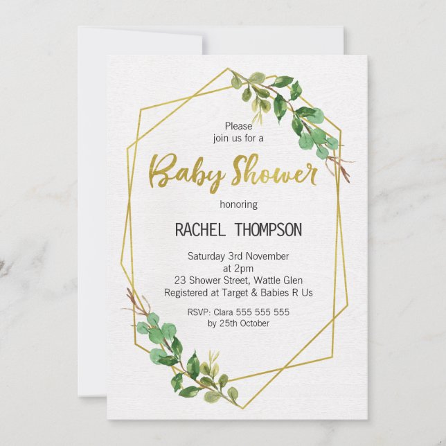 Faux Gold Line Art Greenery Baby Shower Invitation (Front)