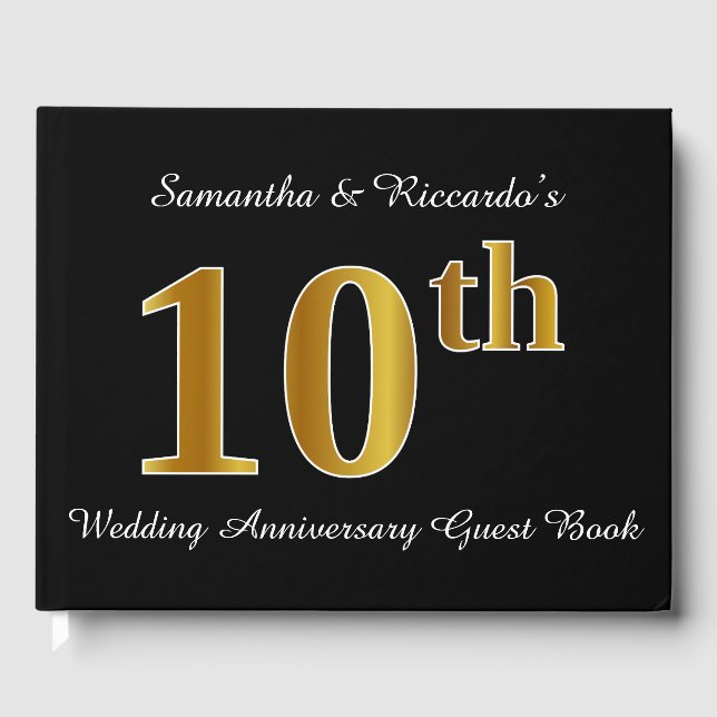 Faux Gold Look 10th Wedding Anniversary + Names Guest Book (Front)