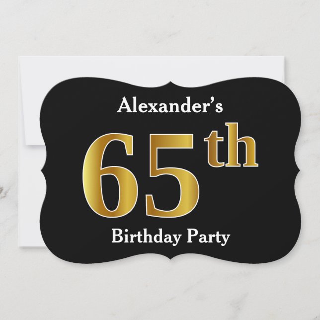 Faux Gold Look 65th Birthday Party + Custom Name Invitation (Front)