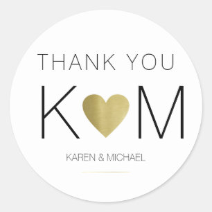 Faux gold love heart + couple initials, thank you classic round sticker