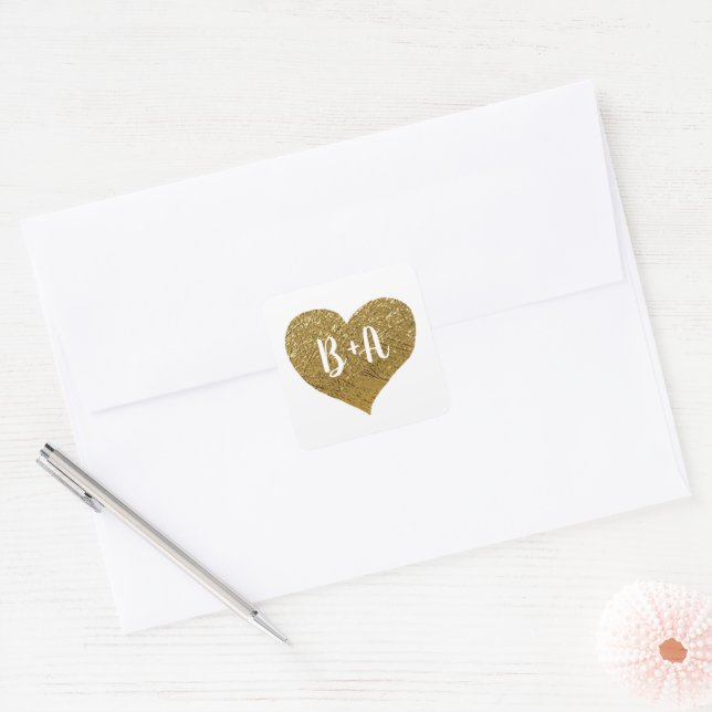 Faux Gold Love Heart with bride & groom initials Square Sticker (Envelope)