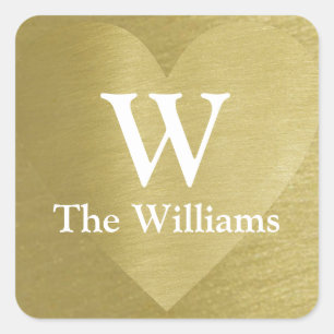 faux gold love heart with couple initial & name square sticker