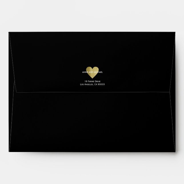 faux gold love heart with couple names black envelopes (Back (Top Flap))