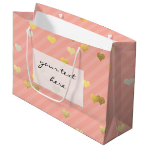 faux gold love hearts pattern, pastel pink stripes large gift bag