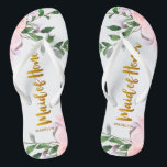 Faux Gold Maid of Honour with Floral and Name Thongs<br><div class="desc">Lovely pink and purple watercolor floral and greenery wedding design,  with faux gold maid of honour typography script and name.</div>