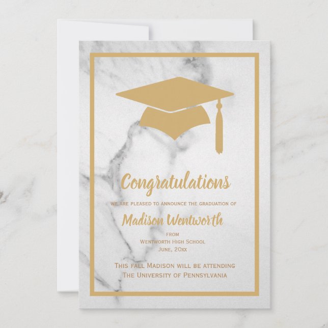 Faux Gold & Marble Graduation Announcement (Front)