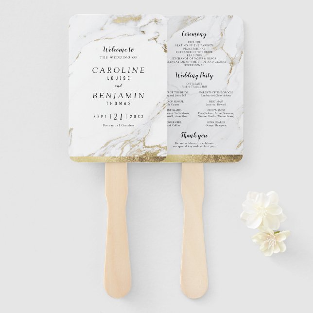 Faux gold marble luxury modern wedding program hand fan (Front and Back)