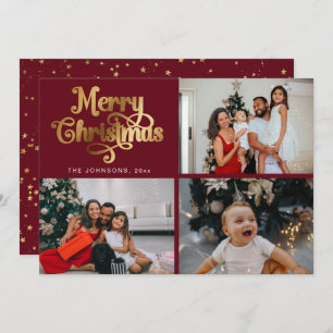 Faux Gold Merry Christmas Family Photo Collage Holiday Card