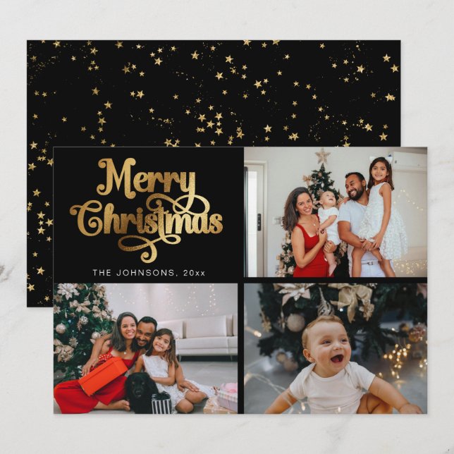 Faux Gold Merry Christmas Family Photo Collage Holiday Card (Front/Back)