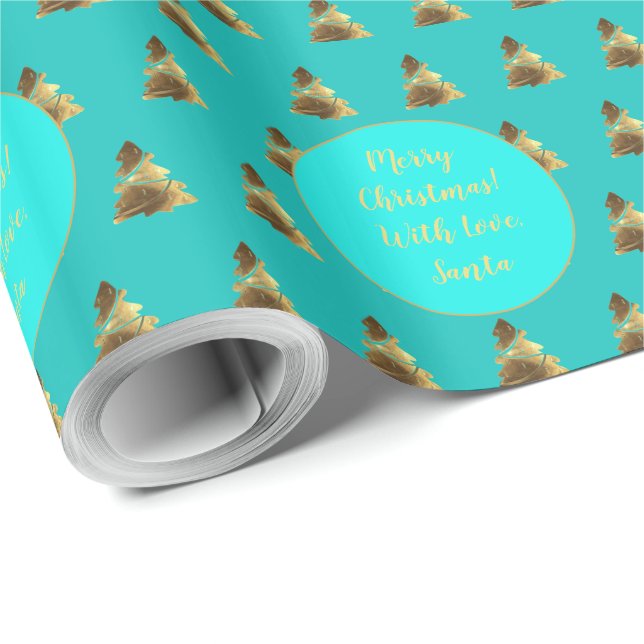 Faux Gold Merry Christmas Tree Pattern Turquoise Wrapping Paper (Roll Corner)