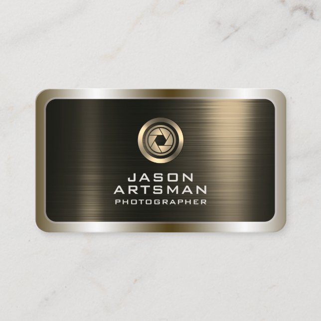 Faux gold metal texture lens logo business card (Front)