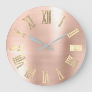 Faux Gold Metallic Beauty Roman Numbers Blush Large Clock