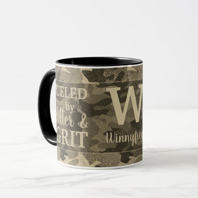 Faux Gold Metallic Camouflage Glitter Monogram Mug (Front Left)