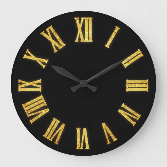 Faux Gold Metallic Minimal Roman Numbers Black Large Clock (Front)
