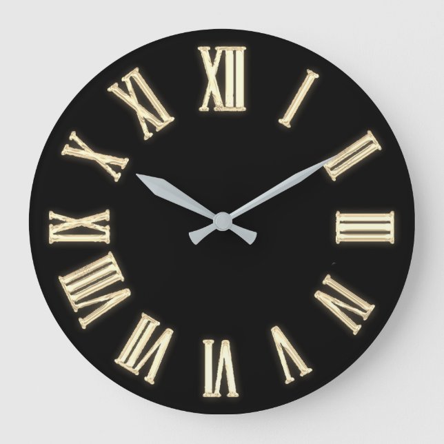 Faux Gold Metallic Minimal Roman Numbers Black Large Clock (Front)