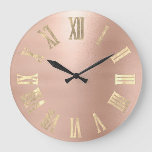 Faux Gold Metallic Minimal Roman Numbers Blush Large Clock