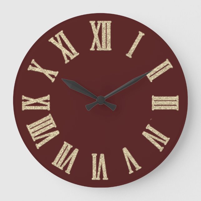 Faux Gold Metallic Minimal Roman Numbers Burgundy Large Clock (Front)