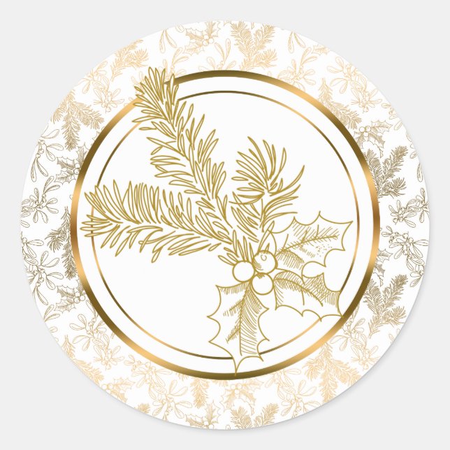 Faux Gold Metallic Mistletoe and Holly Classic Round Sticker (Front)
