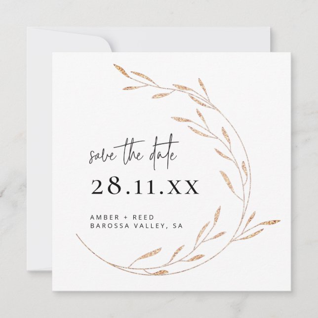 Faux Gold Minimalist Wreath Square Save the Date (Front)
