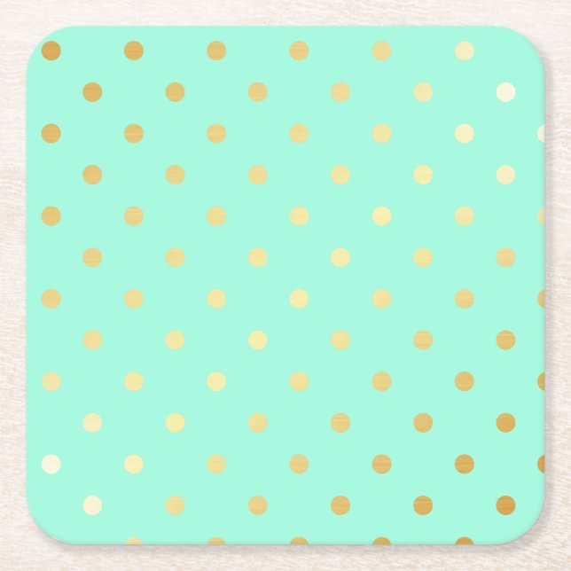 faux gold mint polka dots square paper coaster (Front)