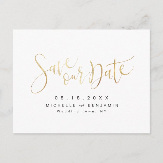 Faux Gold Modern Simple Script Save The Date Announcement Postcard (Front)
