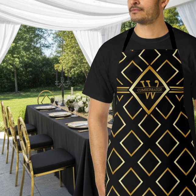 Faux Gold Monogram  - Black and Gold Apron (Creator Uploaded)