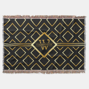 Faux Gold Monogram - Black and Gold Throw Blanket