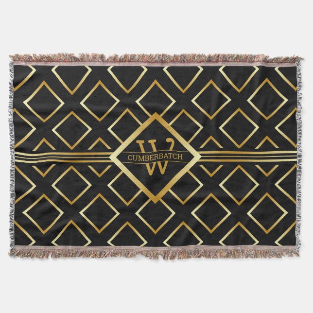 Faux Gold Monogram - Black and Gold Throw Blanket (Front)
